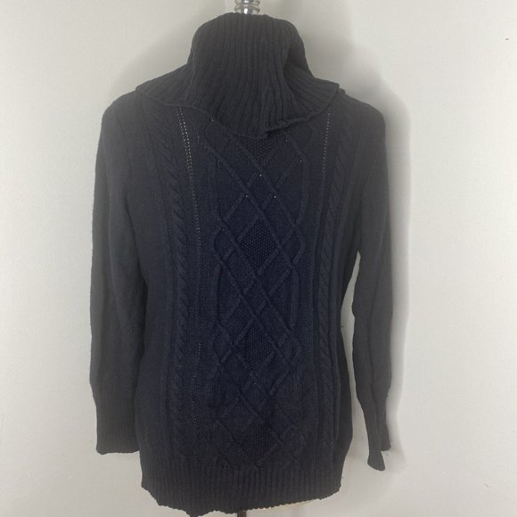 Cabela's Womens Cable Knit Sweater Sz L Black Turtle Neck TUnic Long Wool Blend - Picture 5 of 7
